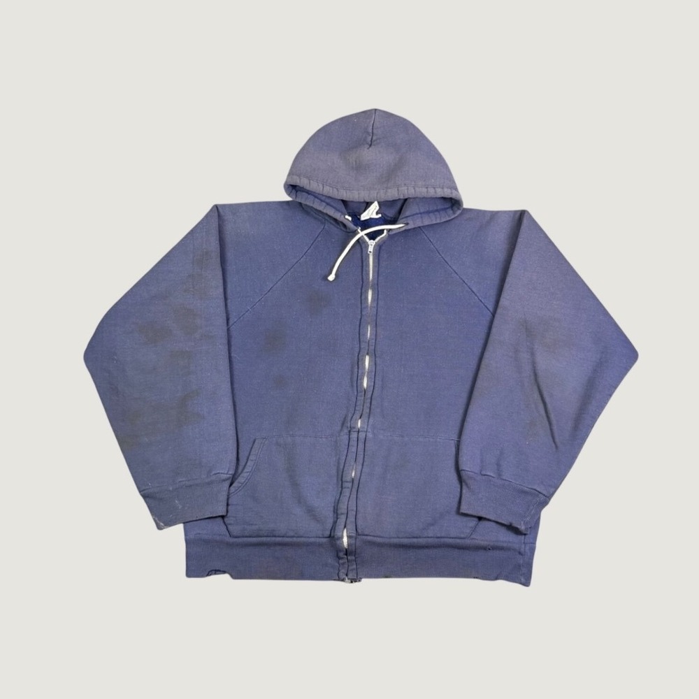 Vintage 70s Faded Navy Blue Zip Up Hoodie Made in Poland Distressed Raglan XL